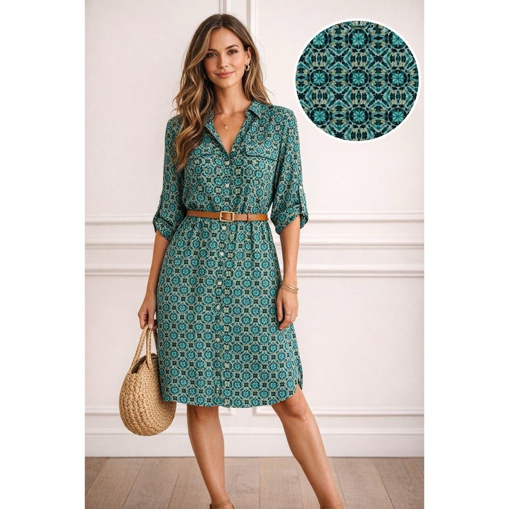 Atelier Jad France Shirt Dress Viscose Geometric Print Roll Tab Sleeve Small